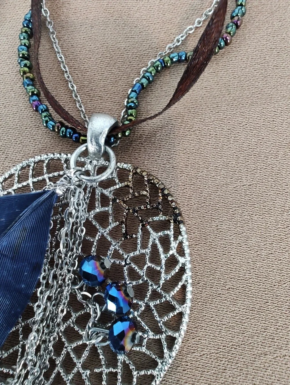 Bohemian Blue Feather Pendant Necklace with Beaded Bracelet Set